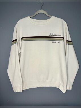 Taylor Swift Folklore Album Sweatshirt Womens L White Striped Crewneck Fleece